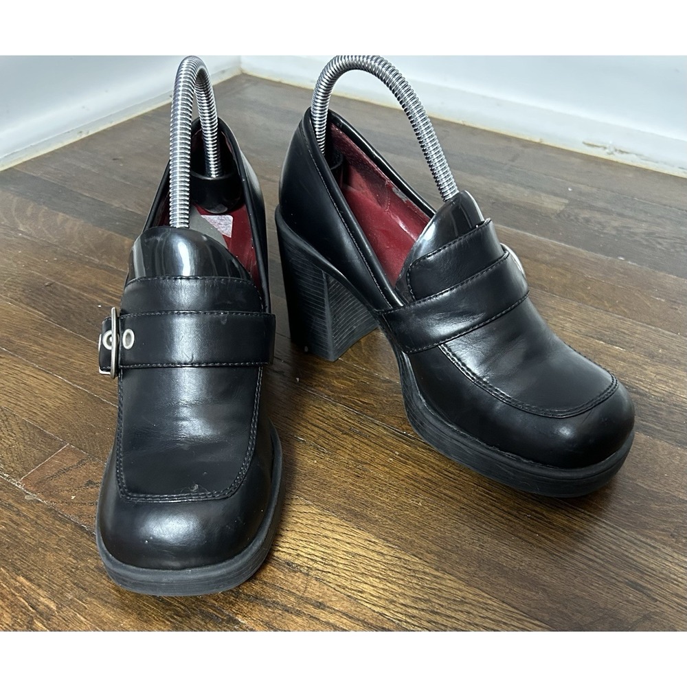 vintage 90s Y2K black faux leather chunky platform loafer heels Size 8M
